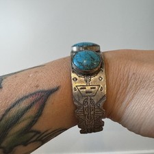 Vintage Fred Harvey Era Bracelet Machine Stamped Metal Composite Stones - Additional view 5