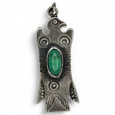 Vintage Fred Harvey Era Sterling Silver Green Turquoise Bird Pendant Charm - Additional view 1