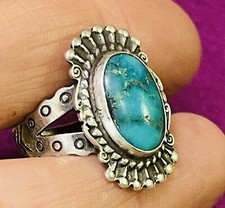 Vintage Fred Harvey Era Stamped Sterling Silver Turquoise Ring Size 6 - Additional view 8