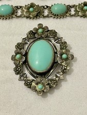 Fred Harvey Era 1940s Link Turquoise Bracelet, Brooch And Earrings. Nice Set! - Additional view 1