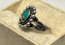 OLD Fred Harvey STERLING SILVER & TURQUOISE Stamped RING sz 2 - Additional view 3