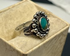 OLD Fred Harvey STERLING SILVER & TURQUOISE Stamped RING sz 2 - Additional view 4