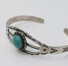 Fred Harvey slim Navajo native American sterling silver turquoise cuff bracelet - Additional view 3
