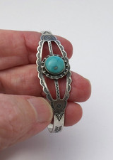 Fred Harvey slim Navajo native American sterling silver turquoise cuff bracelet - Additional view 7