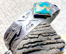 Vtg FRED HARVEY era TURQUOISE CUFF BRACELET sterling 5.75" RARE OVERLAY TRACKS