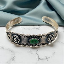 Vintage Navajo Fred Harvey Era Coin Silver Turquoise Cuff Bracelet IH Mark 16g