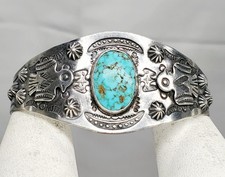Vtg. Navajo Fred Harvey Era Turquoise Thunderbird Stamped  Concho Cuff Bracelet - Additional view 1
