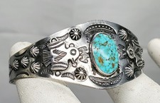 Vtg. Navajo Fred Harvey Era Turquoise Thunderbird Stamped  Concho Cuff Bracelet - Additional view 2