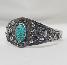 Vtg. Navajo Fred Harvey Era Turquoise Thunderbird Stamped  Concho Cuff Bracelet - Additional view 14