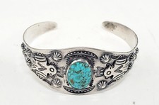 Vtg. Navajo Fred Harvey Era Turquoise Thunderbird Stamped  Concho Cuff Bracelet - Additional view 6