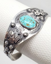 Vtg. Navajo Fred Harvey Era Turquoise Thunderbird Stamped Concho Cuff Bracelet