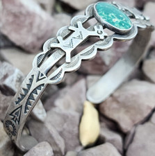 Vintage Fred Harvey Navajo Coin Silver Turquoise Dog or Horse Bracelet - Additional view 5