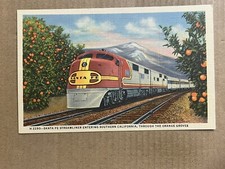 Postcard California Orange Grove Santa Fe Railway Streamliner Train Fred Harvey