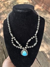VTG Sterling Silver - 7.5mm Bench Bead 18" Necklace Turquoise- Fred Harvey
