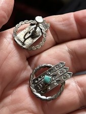 Vintage Stamped Fred Harvey Era Turquoise Sterling Navajo Earrings Unusual Screw - Additional view 3