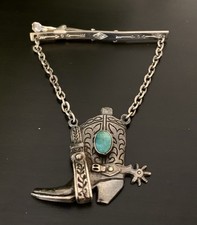 Vintage Fred Harvey Sterling & Turquoise Tie Clip Boot & Spur W2 - Additional view 11