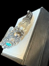 Vintage Native American Fred Harvey Era Signed Coin Silver Turquoise Cuff - Additional view 11
