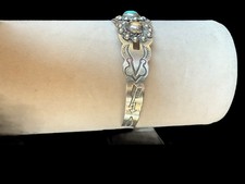 Vintage Native American Fred Harvey Era Signed Coin Silver Turquoise Cuff - Additional view 4