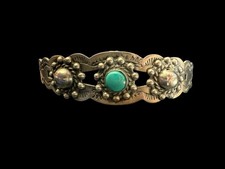 Vintage Native American Fred Harvey Era Signed Coin Silver Turquoise Cuff - Additional view 7