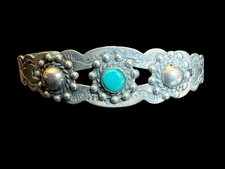 Vintage Native American Fred Harvey Era Signed Coin Silver Turquoise Cuff