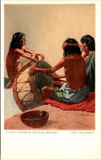 Vintage Postcard a/s WE Rollins Hopi Men Enjoy A Song in the Kiva Fred Harvey