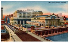 1950 Postcard, Chicago, Union Station, Fred Harvey, Autos, Street View, Linen-A2 - Additional view 1