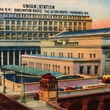 1950 Postcard, Chicago, Union Station, Fred Harvey, Autos, Street View, Linen-A2