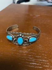 Vintage Fred Harvey 3 Turquoise Stone Sterling Silver Cuff