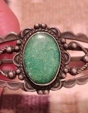 Fred Harvey- Manassa Turquoise-Stamped Silver Cuff Bracelet-Navajo-1940s-6.5