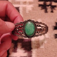 Fred Harvey- Manassa Turquoise-Stamped Silver Cuff Bracelet-Navajo-1940s-6.5