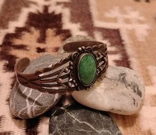 Fred Harvey- Manassa Turquoise-Stamped Silver Cuff Bracelet-Navajo-1940s-6.5"
