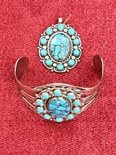 Bell Fred Harvey Era Faux Turquoise Cuff and Pendant Southwest Vintage Signed - Additional view 1