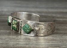 Early Fred Harvey Era Hand Made/stamped Green Turquoise silver Bracelet 31.9gr - Additional view 1