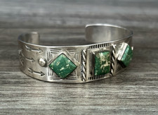 Early Fred Harvey Era Hand Made/stamped Green Turquoise silver Bracelet 31.9gr - Additional view 2