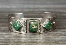 Early Fred Harvey Era Hand Made/stamped Green Turquoise silver Bracelet 31.9gr