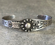 OLD FRED HARVEY ERA Navajo Turquoise CONCHO ARROW RATTLESNAKE Sterling Bracelet