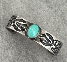 Old FRED HARVEY ERA Navajo Turquoise WHIRLING LOG REPOUSSE Silver Bracelet - Additional view 1