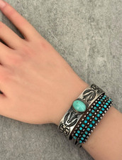 Old FRED HARVEY ERA Navajo Turquoise WHIRLING LOG REPOUSSE Silver Bracelet - Additional view 2
