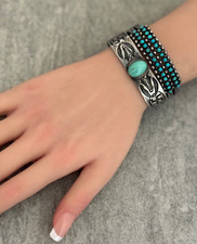 Old FRED HARVEY ERA Navajo Turquoise WHIRLING LOG REPOUSSE Silver Bracelet - Additional view 6