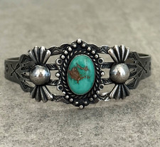 Vintage Fred Harvey Era Navajo CERRILLOS Turquoise Split Shank Sterling Bracelet