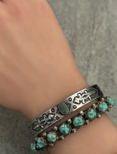 Vintage Fred Harvey Era Navajo Turquoise Gila monster Coin silver Bracelet - Additional view 5