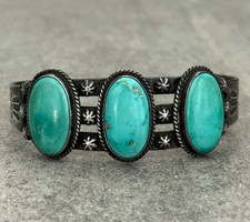 VTG Fred Harvey era Navajo WHIRLING LOG EAGLE FEATHERS Silver Turquoise Bracelet - Additional view 1