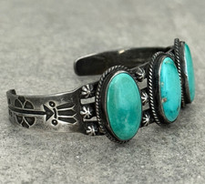 VTG Fred Harvey era Navajo WHIRLING LOG EAGLE FEATHERS Silver Turquoise Bracelet - Additional view 3