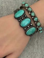 VTG Fred Harvey era Navajo WHIRLING LOG EAGLE FEATHERS Silver Turquoise Bracelet - Additional view 5