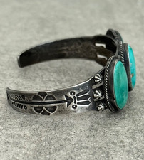 VTG Fred Harvey era Navajo WHIRLING LOG EAGLE FEATHERS Silver Turquoise Bracelet - Additional view 8