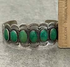 Old Vintage FRED HARVEY ERA Navajo SEVEN Turquoise ROW Sterling Bracelet 6.75 in - Additional view 11