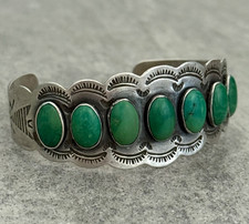 Old Vintage FRED HARVEY ERA Navajo SEVEN Turquoise ROW Sterling Bracelet 6.75 in - Additional view 3