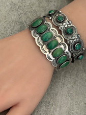 Old Vintage FRED HARVEY ERA Navajo SEVEN Turquoise ROW Sterling Bracelet 6.75 in - Additional view 4