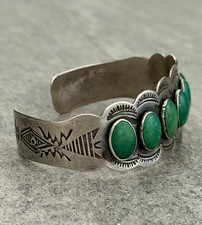 Old Vintage FRED HARVEY ERA Navajo SEVEN Turquoise ROW Sterling Bracelet 6.75 in - Additional view 5