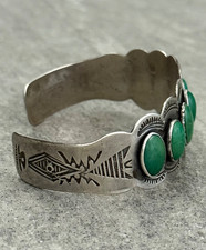 Old Vintage FRED HARVEY ERA Navajo SEVEN Turquoise ROW Sterling Bracelet 6.75 in - Additional view 7